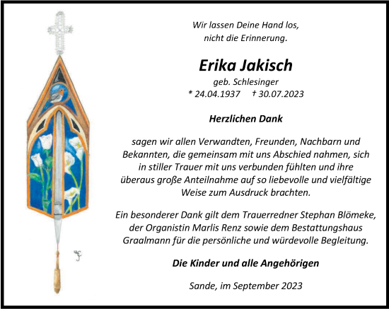 Traueranzeige von Erika Jakisch von WZ/JW/AH