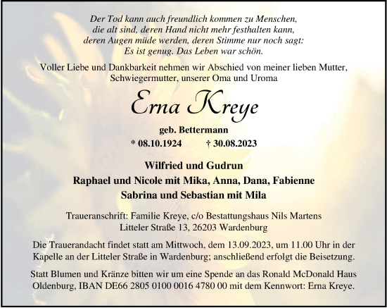 Traueranzeige von Erna Kreye von Nordwest-Zeitung