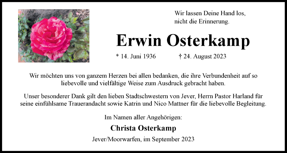  Traueranzeige für Erwin Osterkamp vom 23.09.2023 aus WZ/JW/AH