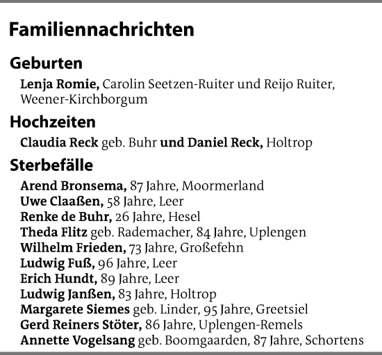 Traueranzeige von Familiennachrichten 19.09.2023 von Emder Zeitung