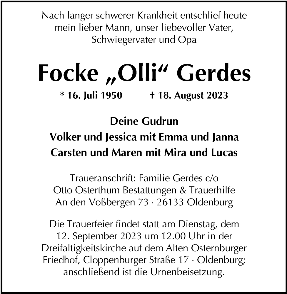  Traueranzeige für Focke Gerdes vom 02.09.2023 aus Nordwest-Zeitung