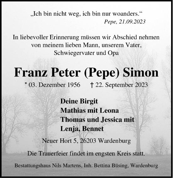 Traueranzeige von Franz Peter Simon von Nordwest-Zeitung