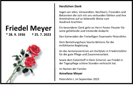 Traueranzeige von Friedel Meyer von Nordwest-Zeitung