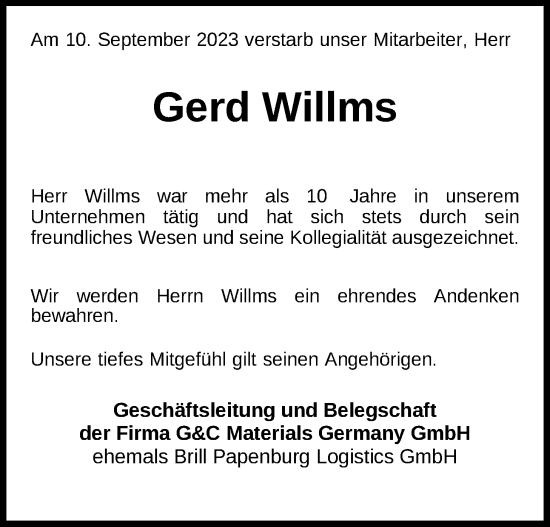 Traueranzeige von Gerd Willms von Nordwest-Zeitung