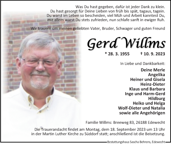 Traueranzeige von Gerd Willms von Nordwest-Zeitung