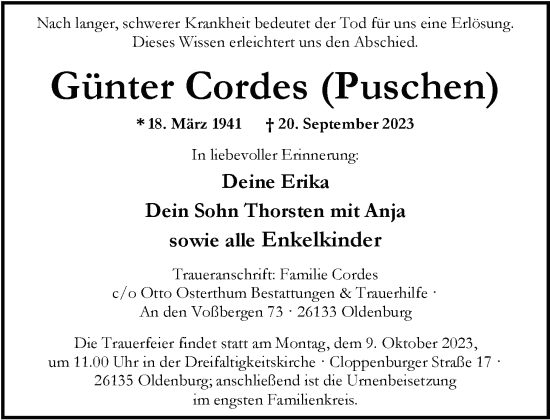 Traueranzeige von Günter Cordes von Nordwest-Zeitung