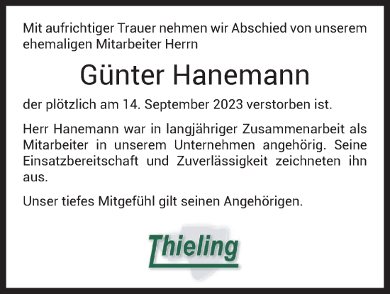 Traueranzeige von Günter Hanemann von Nordwest-Zeitung