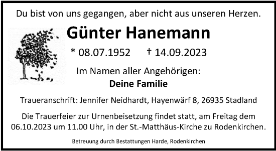 Traueranzeige von Günter Hanemann von Nordwest-Zeitung