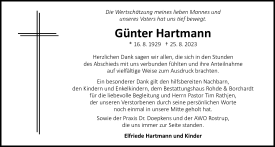 Traueranzeige von Günter Hartmann von Nordwest-Zeitung