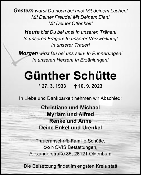 Traueranzeige von Günther Schütte von Nordwest-Zeitung