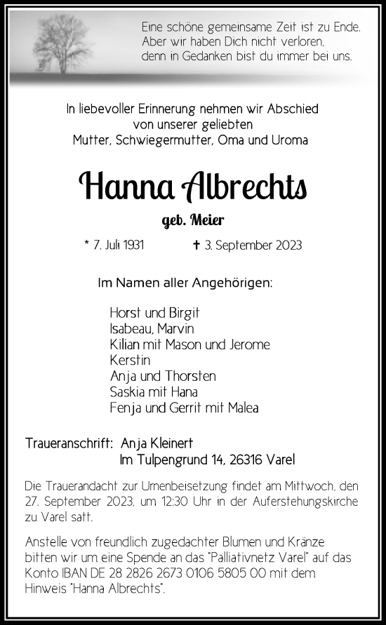 Traueranzeige von Hanna Albrechts von Nordwest-Zeitung