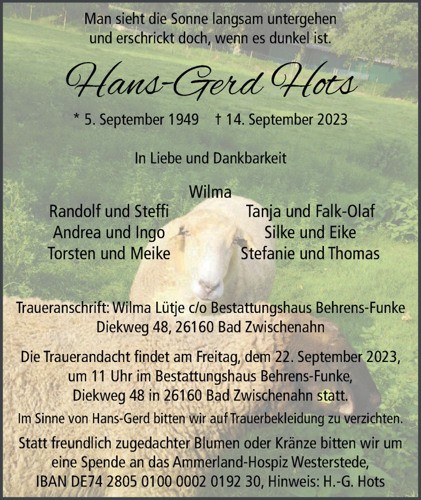  Traueranzeige für Hans-Gerd Hots vom 19.09.2023 aus Nordwest-Zeitung