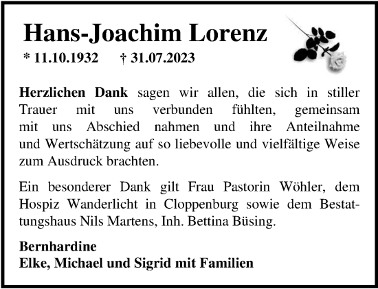 Traueranzeige von Hans-Joachim Lorenz von Nordwest-Zeitung