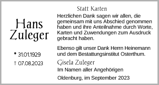 Traueranzeige von Hans Zuleger von Nordwest-Zeitung