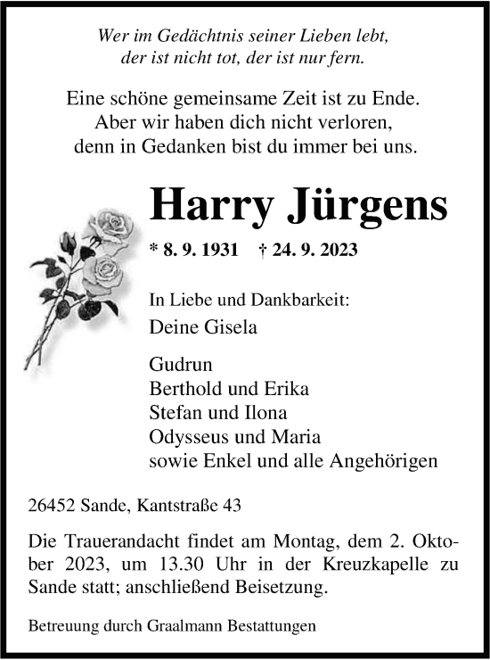 Traueranzeige von Harry Jürgens von WZ/JW/AH