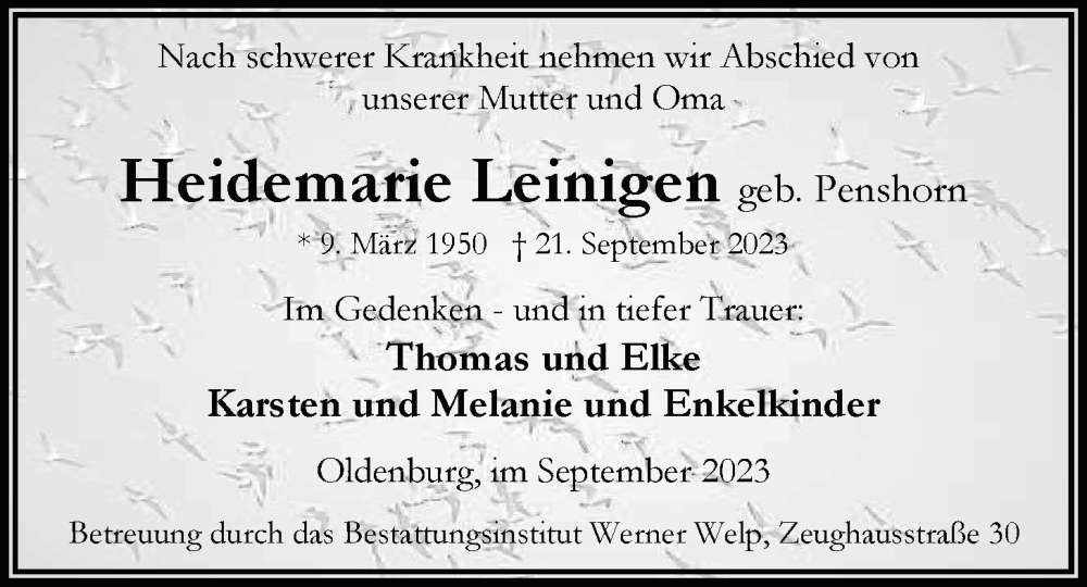  Traueranzeige für Heidemarie Leinigen vom 30.09.2023 aus Nordwest-Zeitung
