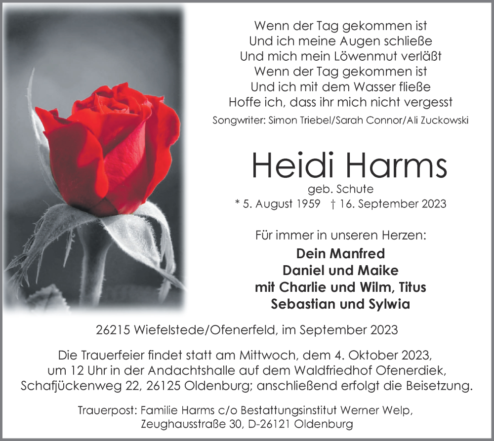  Traueranzeige für Heidi Harms vom 30.09.2023 aus Nordwest-Zeitung