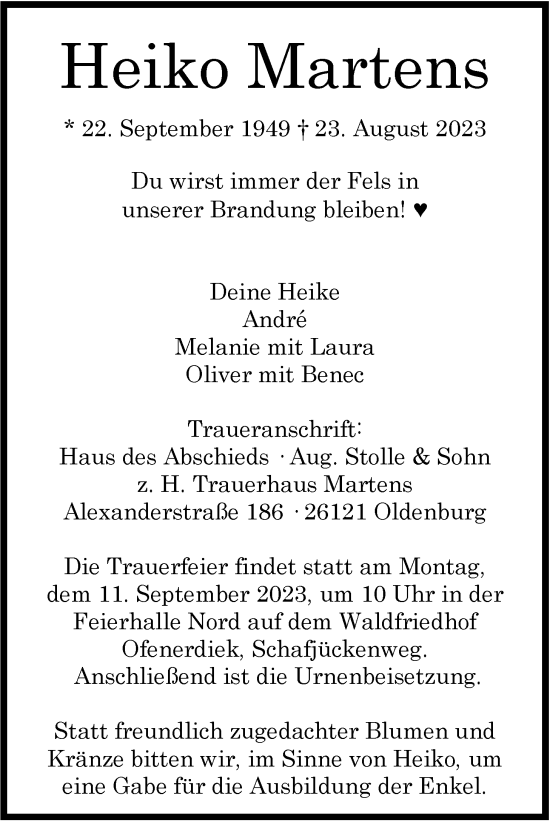 Traueranzeige von Heiko Martens von Nordwest-Zeitung