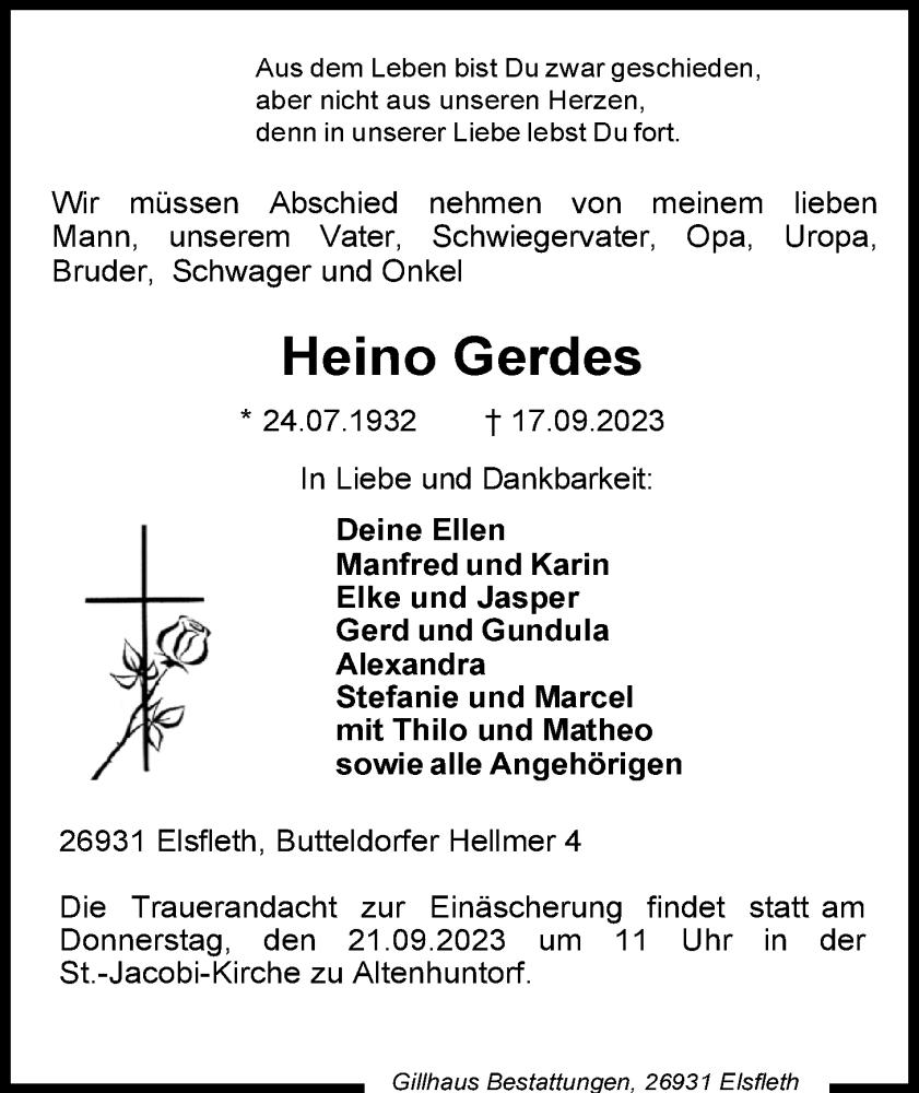  Traueranzeige für Heino Gerdes vom 19.09.2023 aus Nordwest-Zeitung