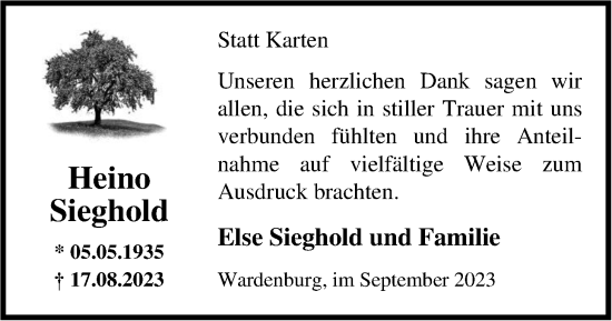 Traueranzeige von Heino Sieghold von Nordwest-Zeitung