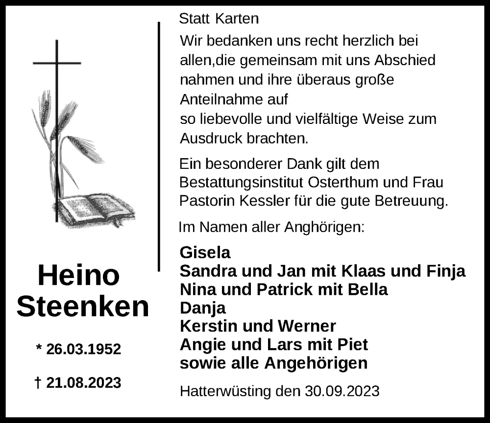  Traueranzeige für Heino Steenken vom 30.09.2023 aus Nordwest-Zeitung