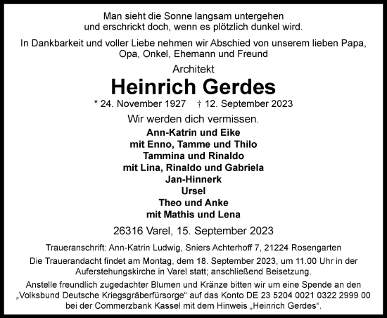 Traueranzeige von Heinrich Gerdes von Nordwest-Zeitung