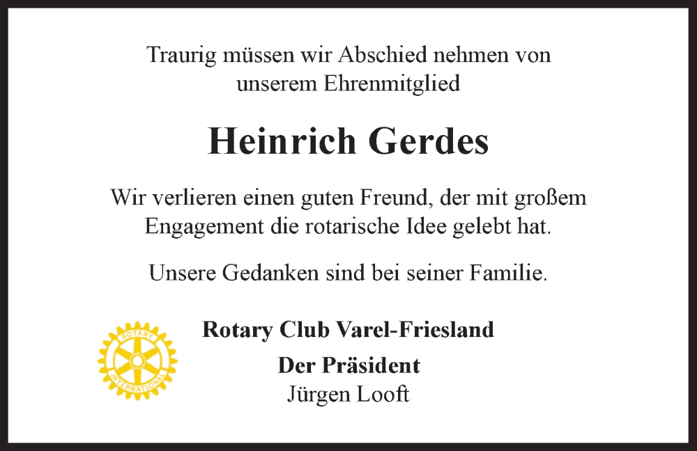  Traueranzeige für Heinrich Gerdes vom 18.09.2023 aus Nordwest-Zeitung