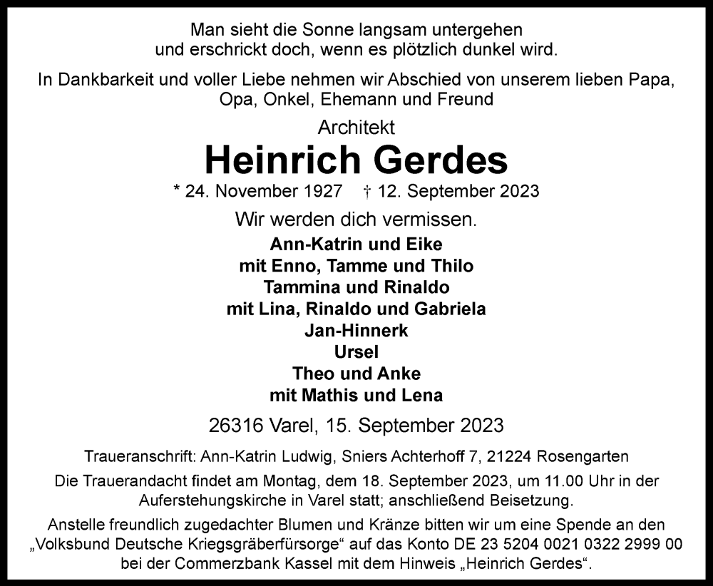  Traueranzeige für Heinrich Gerdes vom 15.09.2023 aus Nordwest-Zeitung