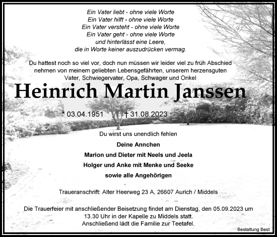 Traueranzeige von Heinrich Martin Janssen von WZ/JW/AH