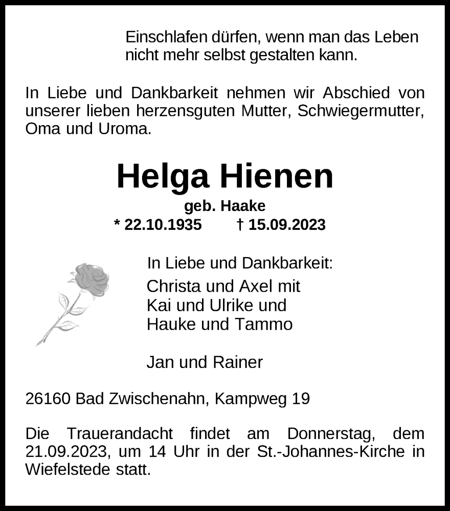 Traueranzeige für Helga Hienen vom 19.09.2023 aus Nordwest-Zeitung