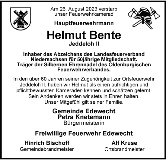 Traueranzeige von Helmut Bente von Nordwest-Zeitung