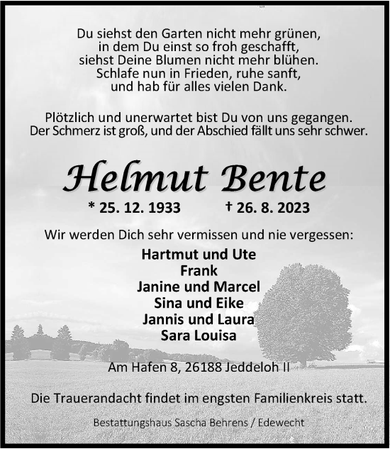 Traueranzeige von Helmut Bente von Nordwest-Zeitung