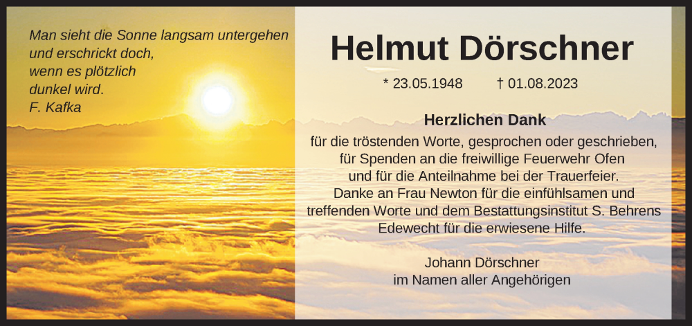  Traueranzeige für Helmut Dörschner vom 23.09.2023 aus Nordwest-Zeitung