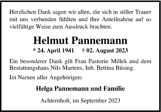 Traueranzeige von Helmut Pannemann von Nordwest-Zeitung