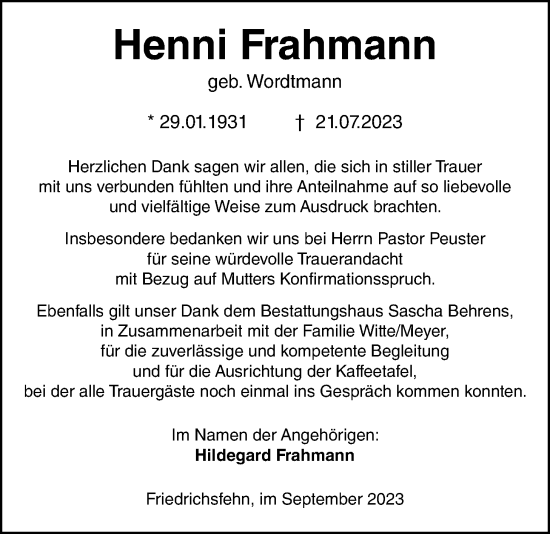 Traueranzeige von Henni Frahmann von Nordwest-Zeitung