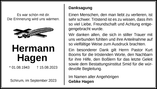 Traueranzeige von Hermann Hagen von Emder Zeitung
