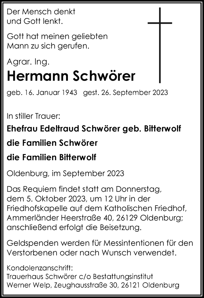  Traueranzeige für Hermann Schwörer vom 30.09.2023 aus Nordwest-Zeitung