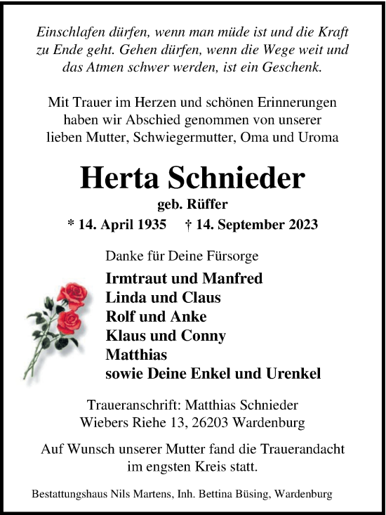 Traueranzeige von Herta Schnieder von Nordwest-Zeitung