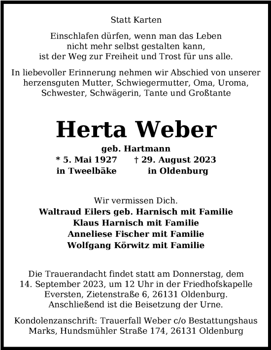 Traueranzeige von Herta Weber von Nordwest-Zeitung