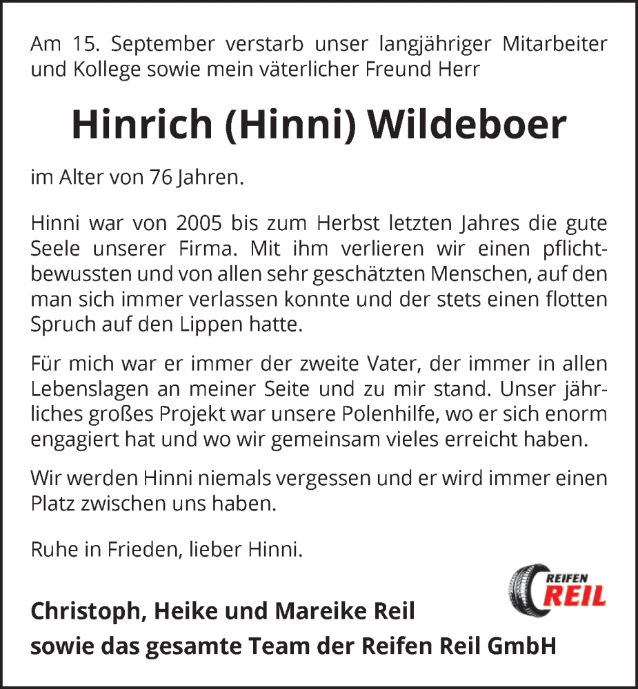  Traueranzeige für Hinrich Wildeboer vom 19.09.2023 aus Nordwest-Zeitung