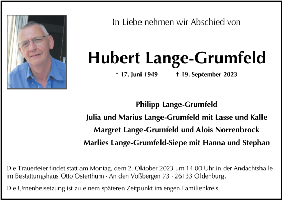 Traueranzeige von Hubert Lange-Grumfeld von Nordwest-Zeitung