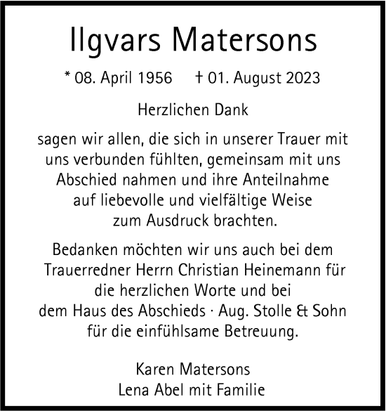 Traueranzeige von Ilgvars Matersons von Nordwest-Zeitung
