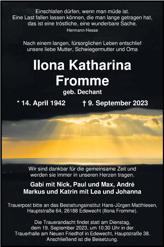  Traueranzeige für Ilona Fromme vom 13.09.2023 aus Nordwest-Zeitung