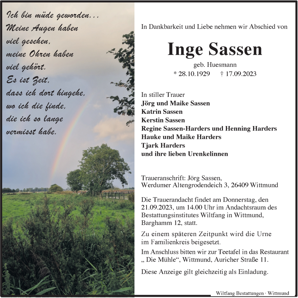  Traueranzeige für Inge Sassen vom 19.09.2023 aus WZ/JW/AH
