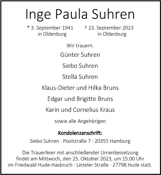 Traueranzeige von Inge Suhren von Nordwest-Zeitung