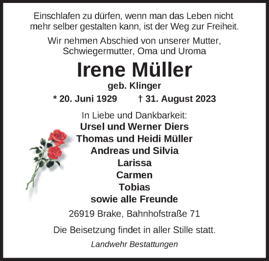 Traueranzeige von Irene Müller von Nordwest-Zeitung