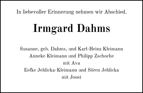 Traueranzeige von Irmgard Dahms von Nordwest-Zeitung