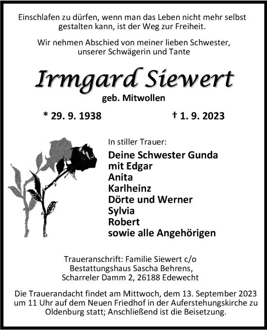 Traueranzeige von Irmgard Siewert von Nordwest-Zeitung