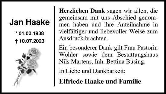 Traueranzeige von Jan Haake von Nordwest-Zeitung