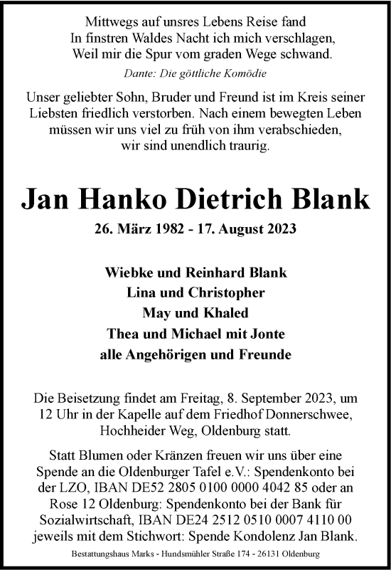 Traueranzeige von Jan Hanko Dietrich Blank von Nordwest-Zeitung